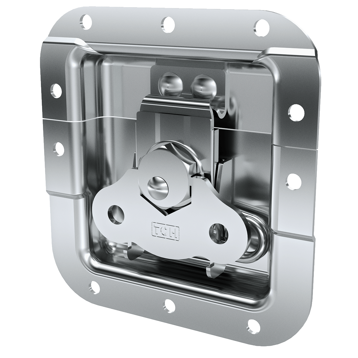 angled view of recessed twist catch with offset and kick-out spring