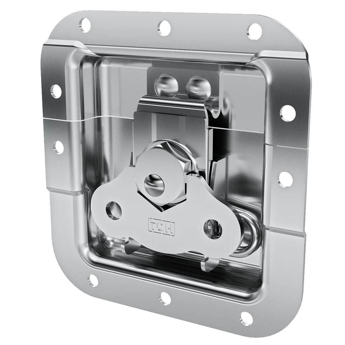 angled view of recessed twist catch with zinc cup and offset cam