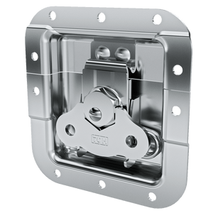 angled view of recessed twist catch with zinc cup and offset cam