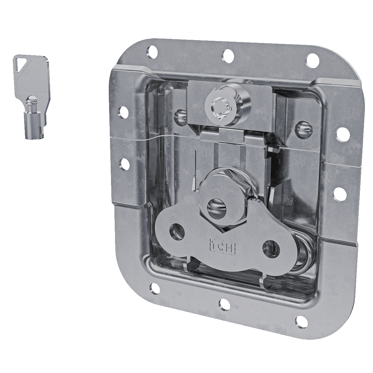 angled view of medium recessed twist catch with key-lock and 1 inch offset