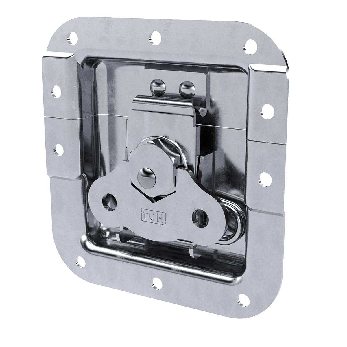 angled view of medium recessed twist catch with 7/8 inch offset and black cup