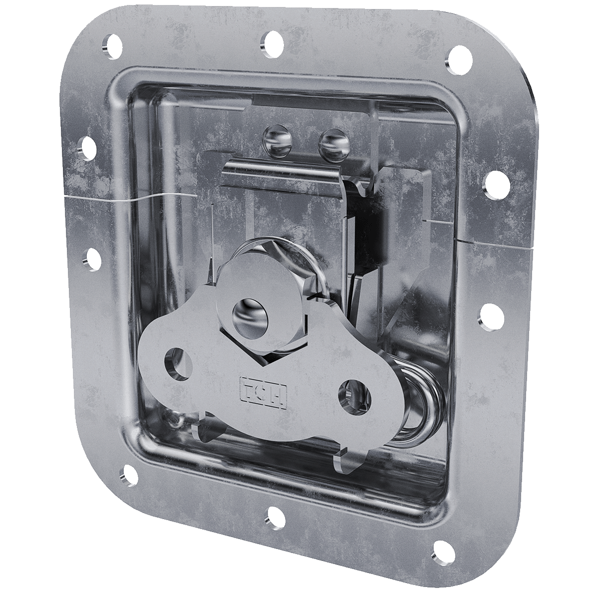 angled view of medium recessed twist latch with flush-mount cup and paddle