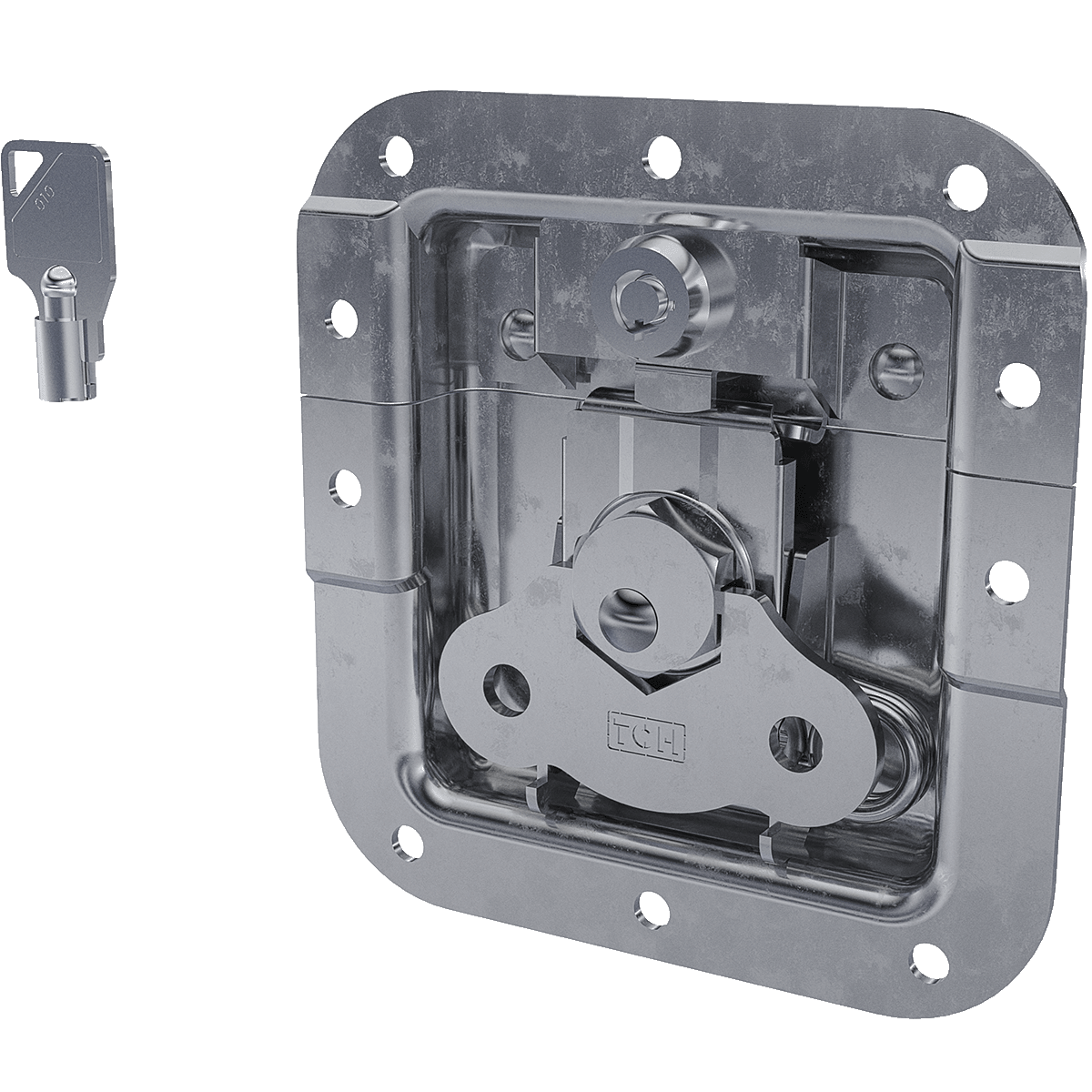 angled view of recessed key lockable twist catch with flush-mount cup and offset frame