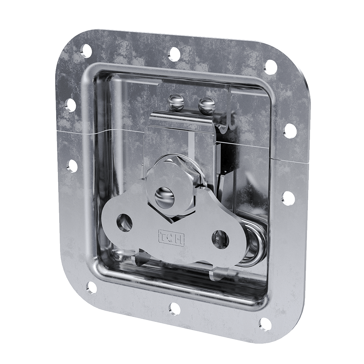 angled view of medium recessed twist catch with kick-out spring and anchor plate