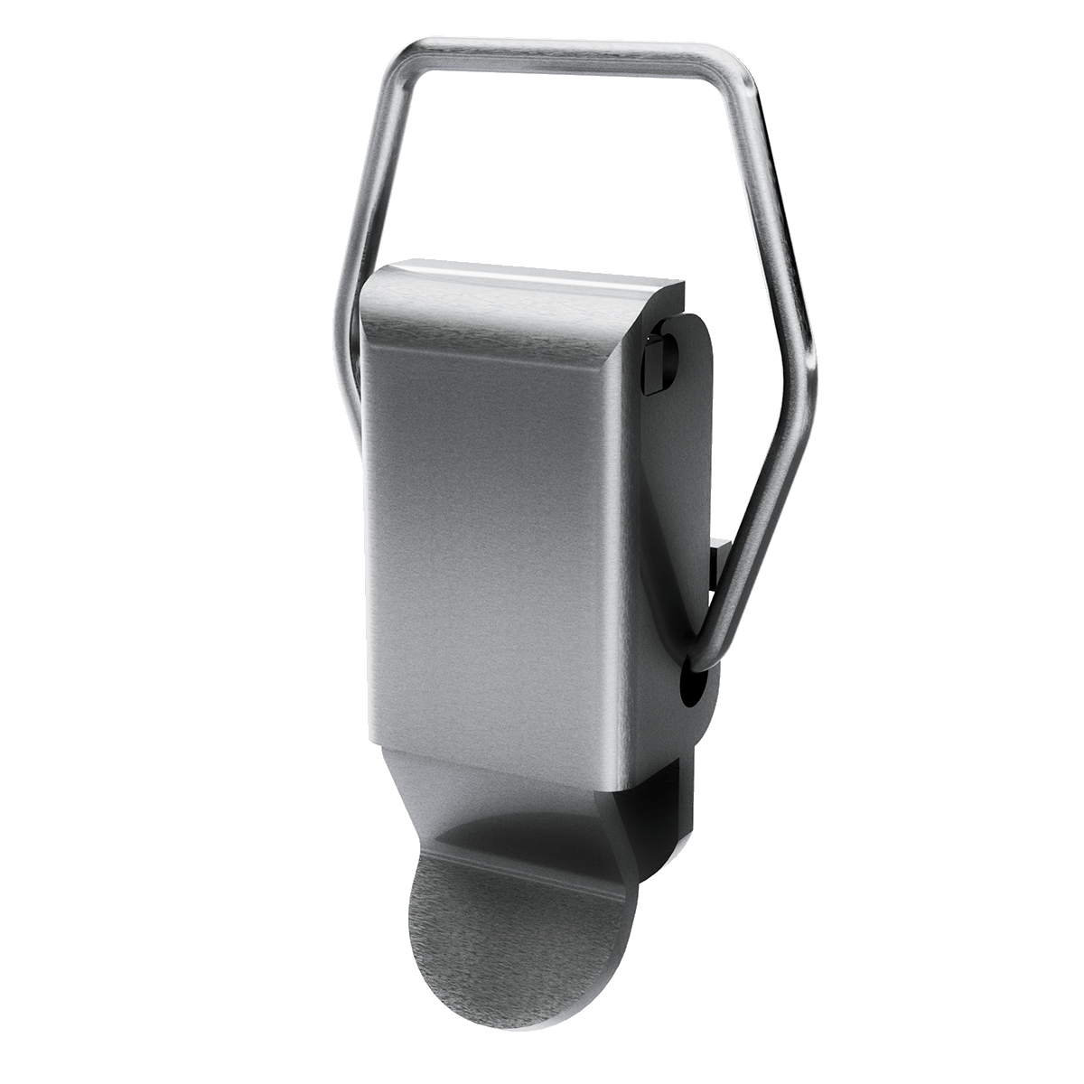 angled view of compact stainless steel spring drawlatch
