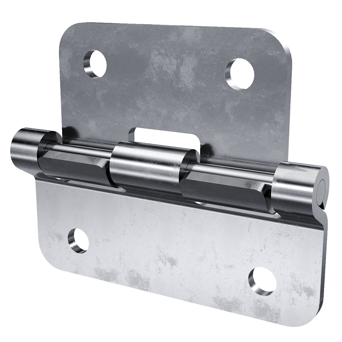 Angled right-side view of zinc-plated take-apart hinge with two mounting holes