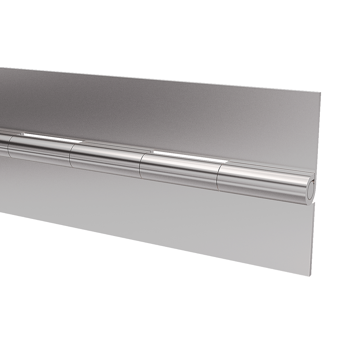 Stainless steel continuous hinge 2-inch open width with 1-inch knuckles, angled view of pin end, TCH 505-2933805