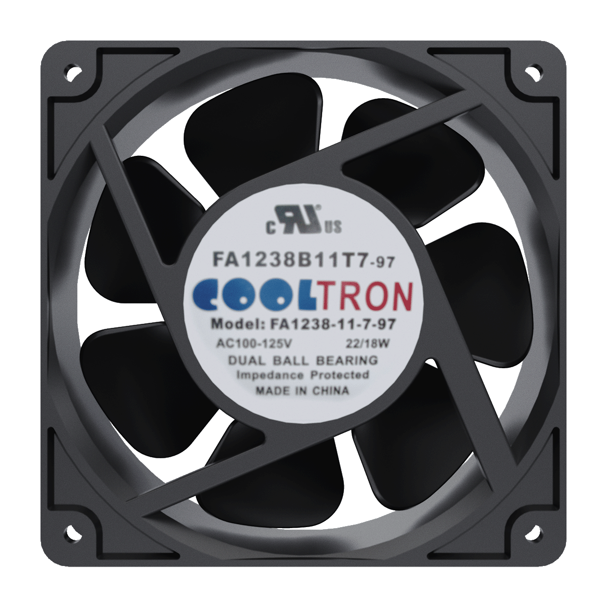 Cooltron 120mm x 120mm x 38mm low noise AC powered cooling fan, Front view