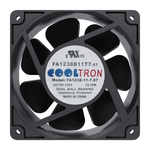 Cooltron 120mm x 120mm x 38mm low noise AC powered cooling fan, Front view
