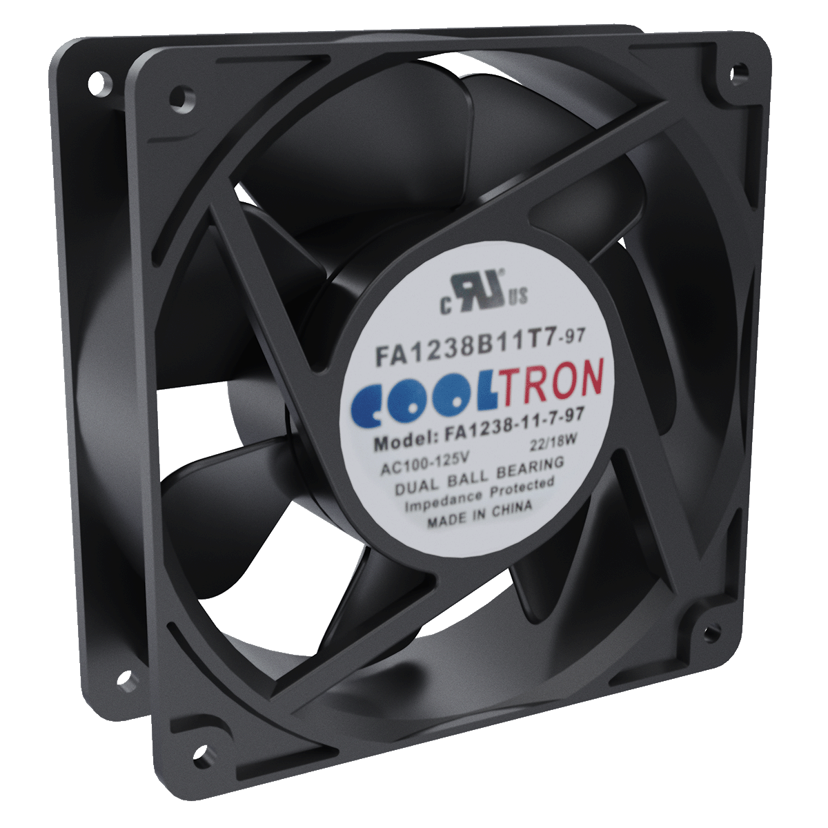 Cooltron 120mm x 120mm x 38mm low noise AC powered cooling fan, left side perspective view