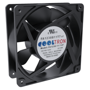 Cooltron 120mm x 120mm x 38mm low noise AC powered cooling fan, left side perspective view