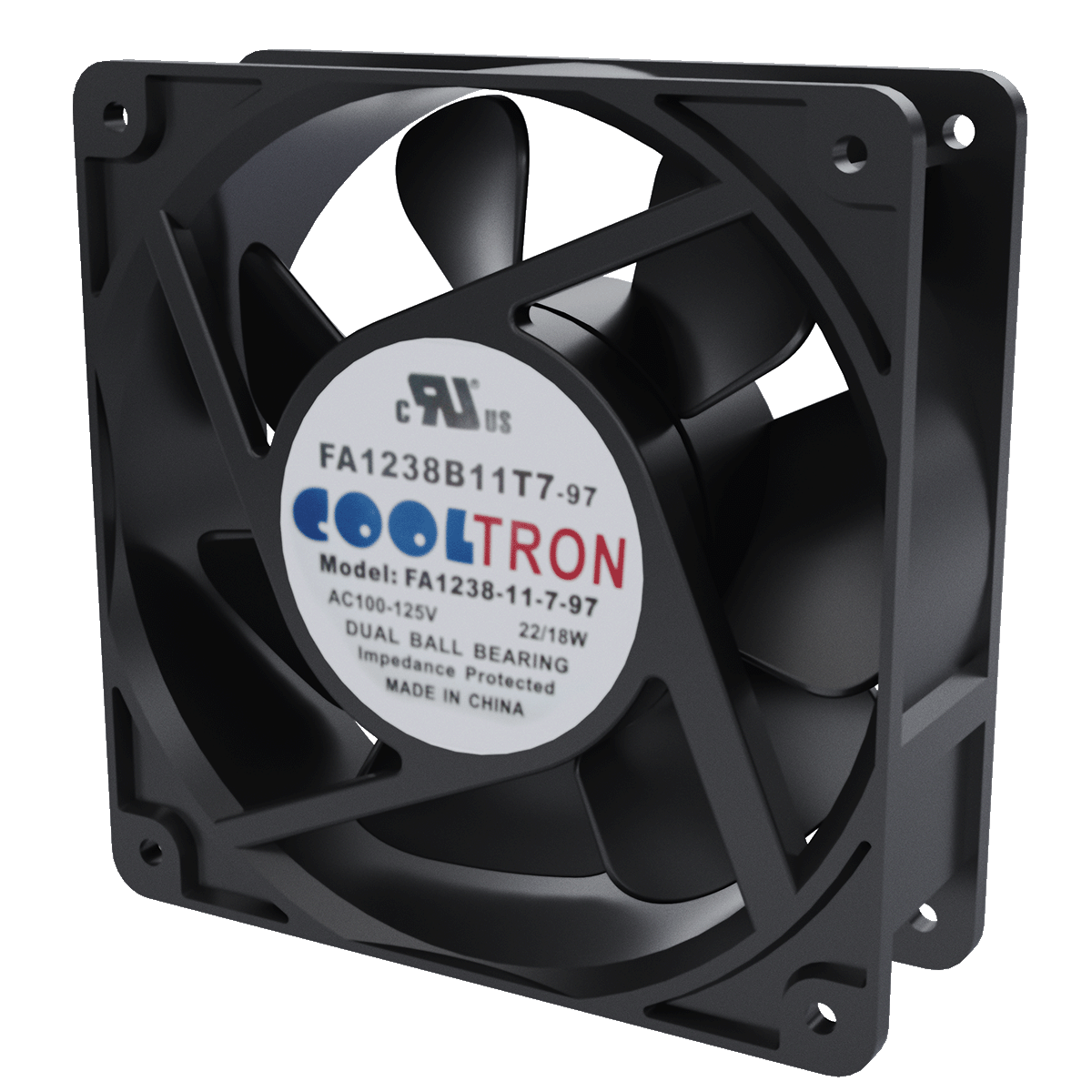 Cooltron 120mm x 120mm x 38mm low noise AC powered cooling fan, right front view
