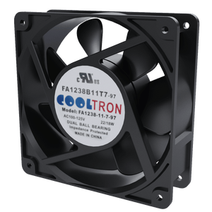 Cooltron 120mm x 120mm x 38mm low noise AC powered cooling fan, right front view