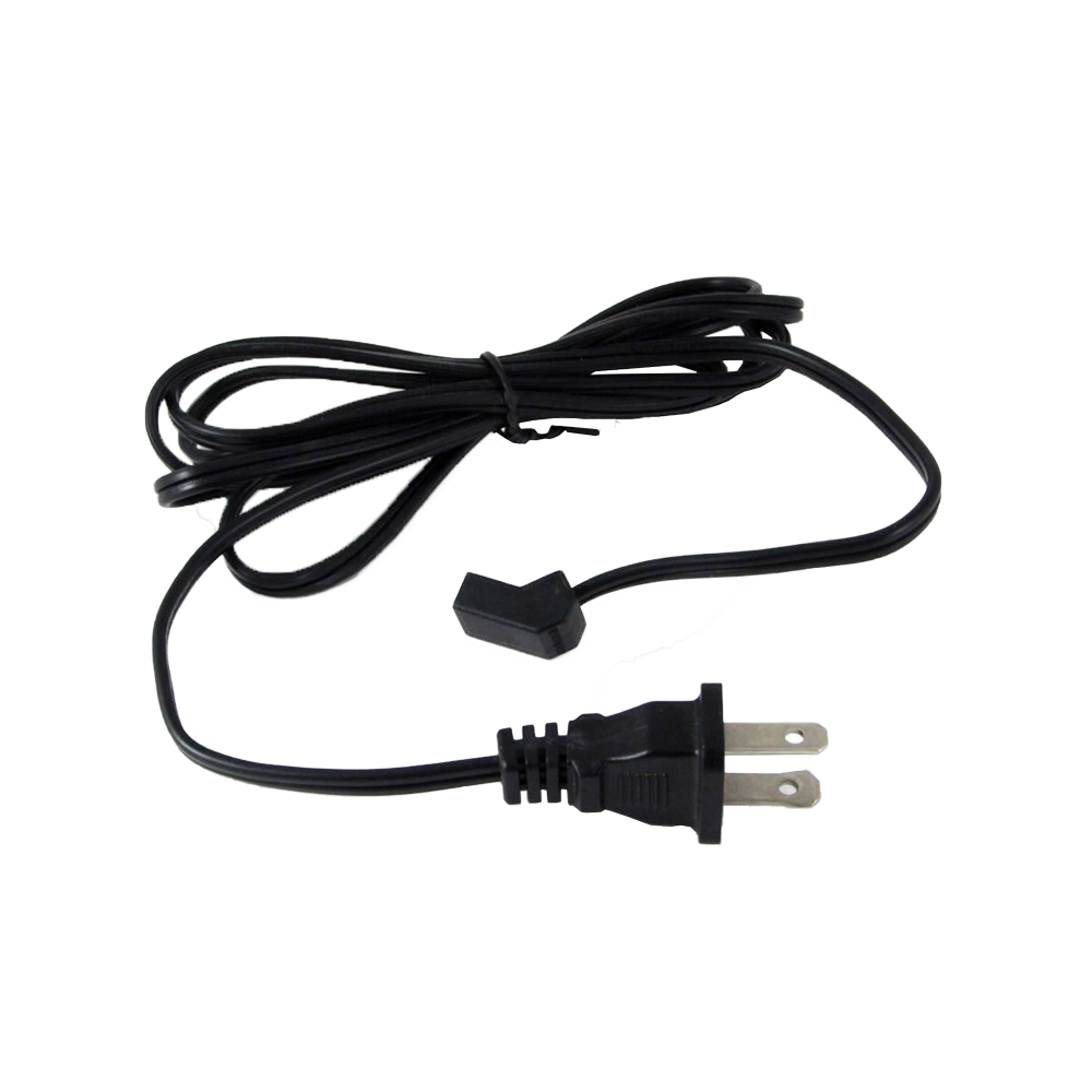 Black power cord with two-prong plug and angled connector