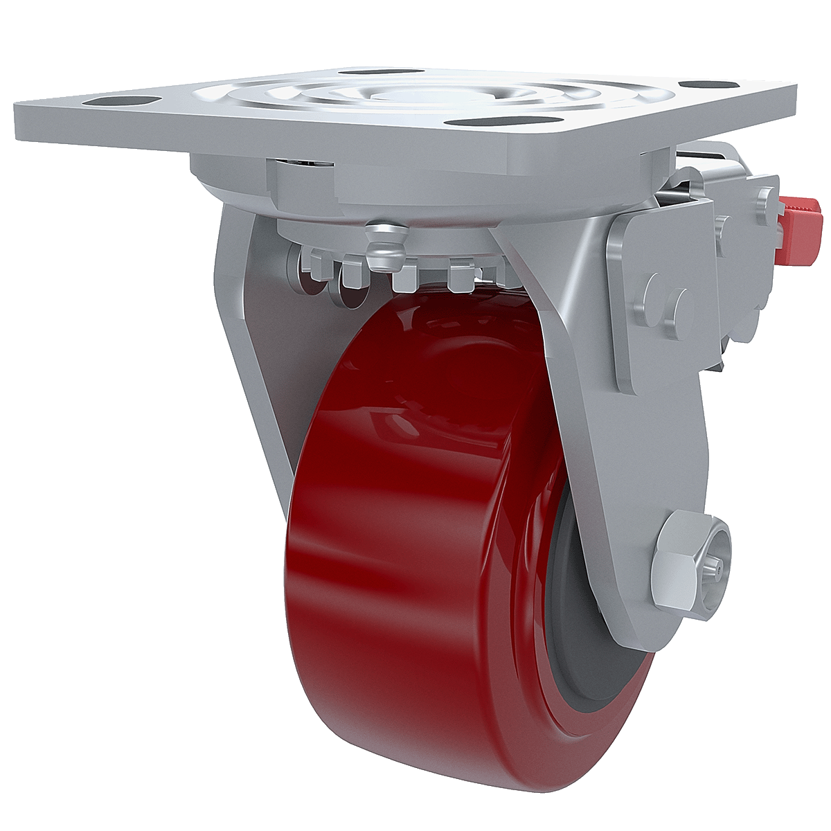 Render of 4" x 2" Polyurethane Swivel Caster with Full Brake, 3/4 perspective