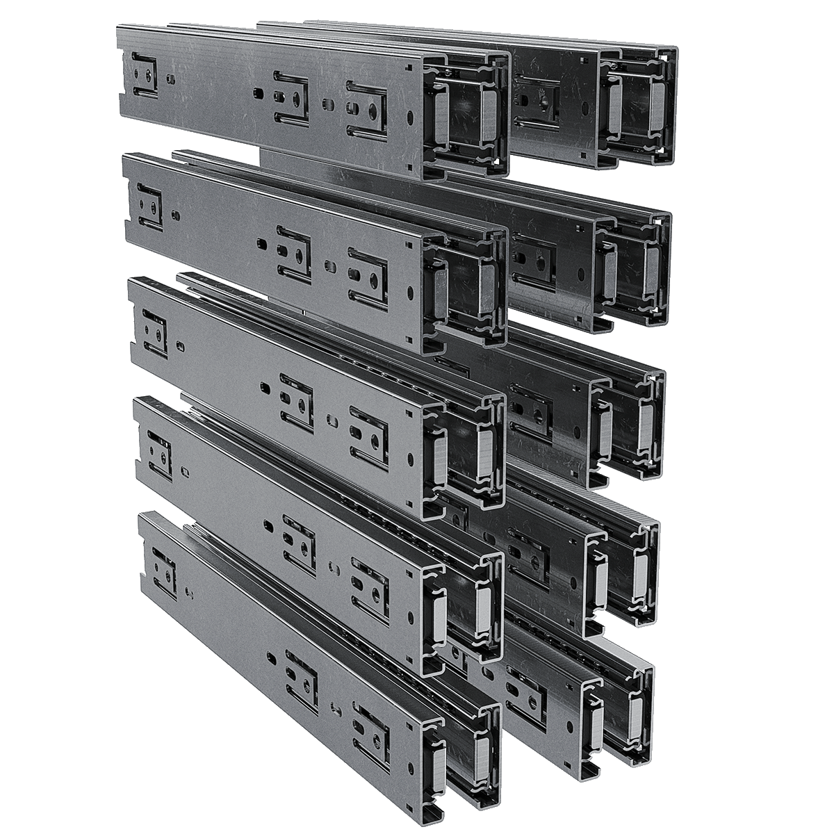 angled right view of 10-pair pack of 12-inch steel drawer slides