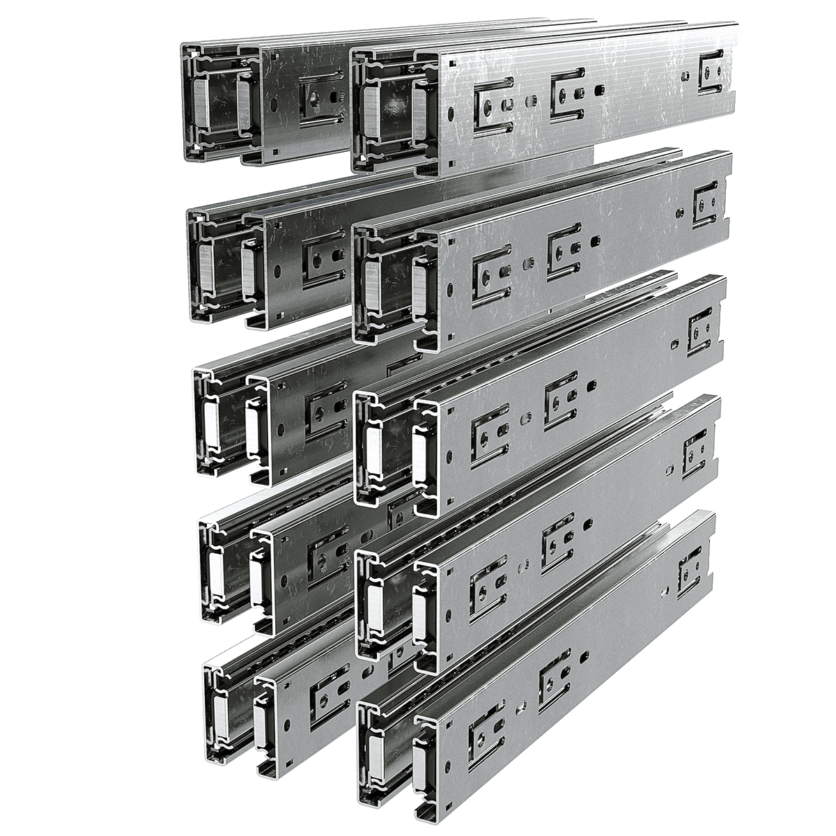 Angled right view of 10-pair bundle of 16-inch ball-bearing drawer slides