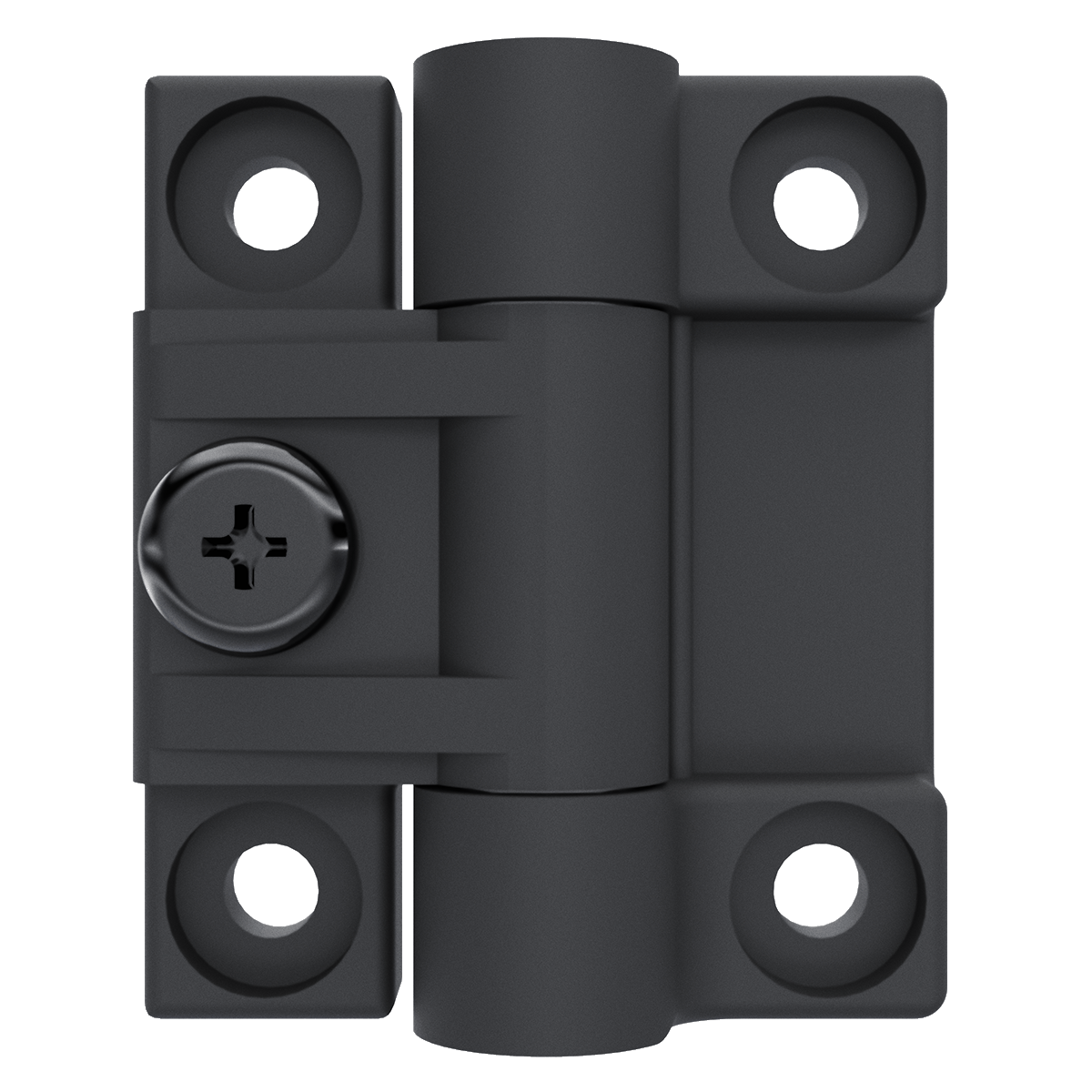 Southco E6-10-301-20 adjustable torque position control hinge in black acetal copolymer, front view showing mouting holes