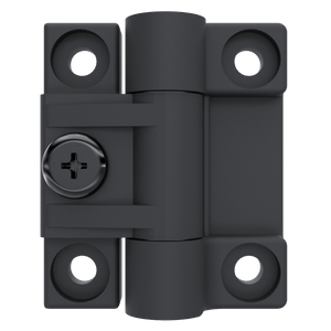 Southco E6-10-301-20 adjustable torque position control hinge in black acetal copolymer, front view showing mouting holes