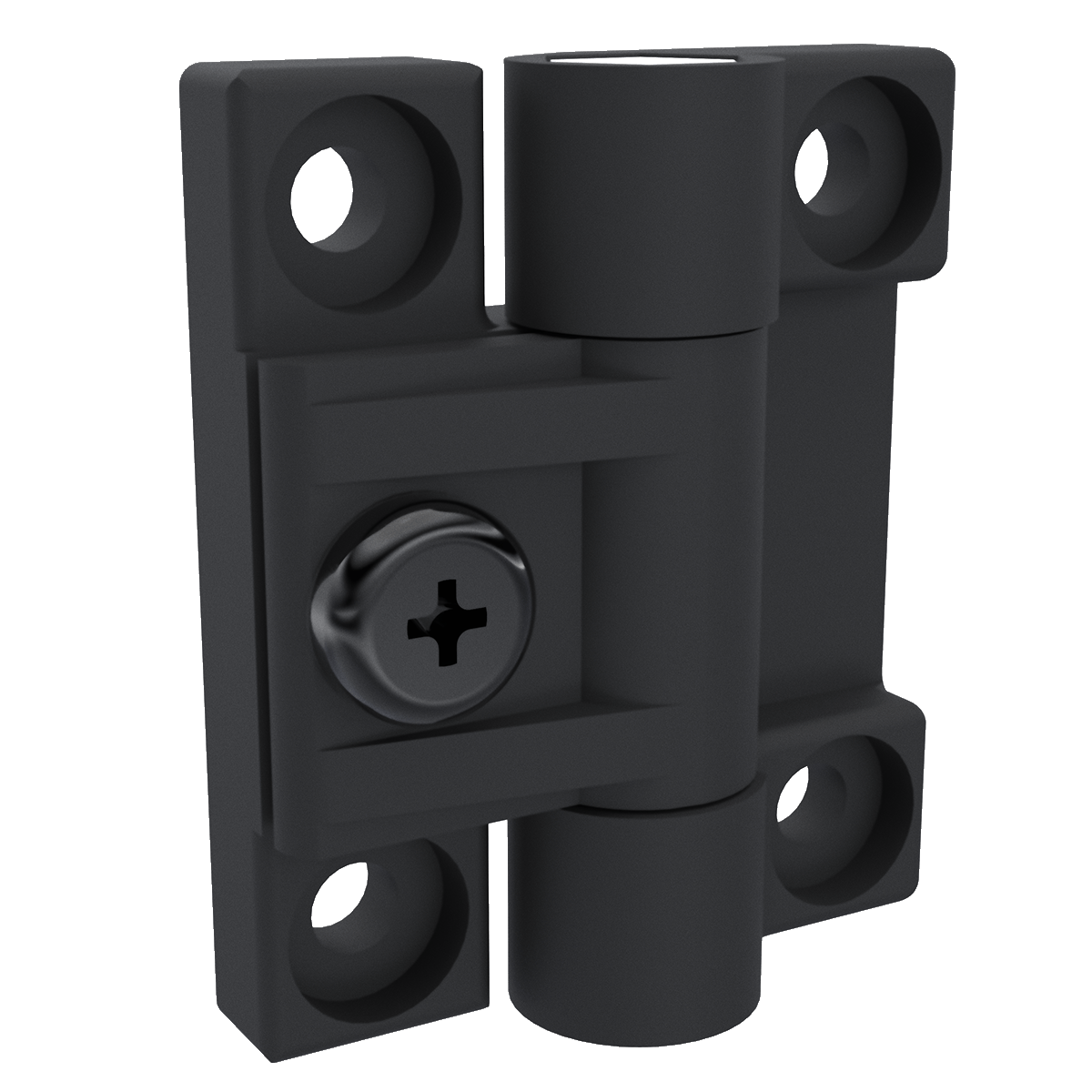Southco E6-10-301-20 adjustable torque position control hinge in black acetal copolymer, left side perspective view