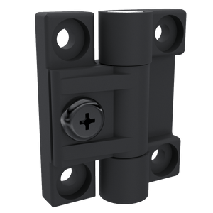 Southco E6-10-301-20 adjustable torque position control hinge in black acetal copolymer, left side perspective view