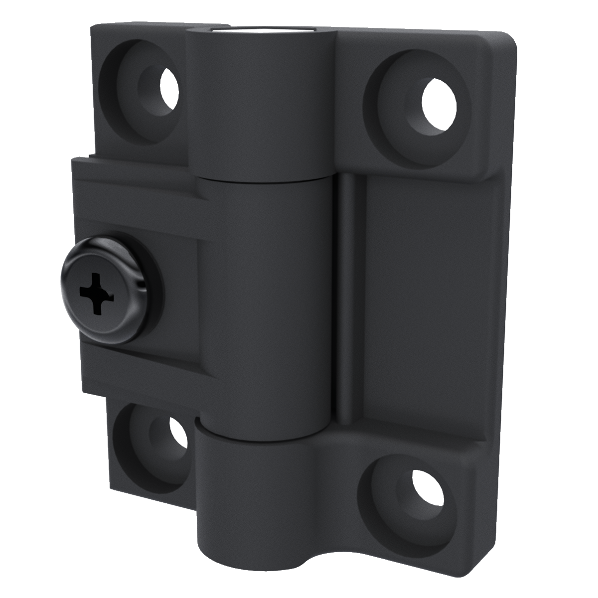 Southco E6-10-301-20 adjustable torque position control hinge in black acetal copolymer, right side perspective view