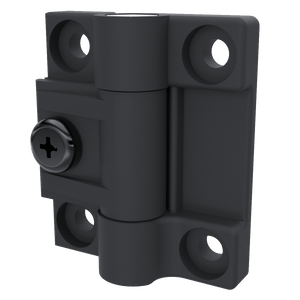 Southco E6-10-301-20 adjustable torque position control hinge in black acetal copolymer, right side perspective view