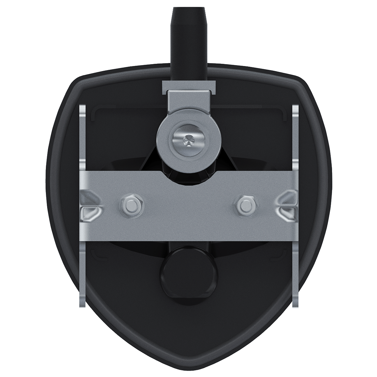 Black shield-shaped latch, viewed from the back, with a metal mounting bracket and hardware.