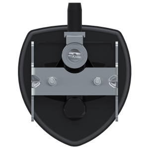 Black shield-shaped latch, viewed from the back, with a metal mounting bracket and hardware.