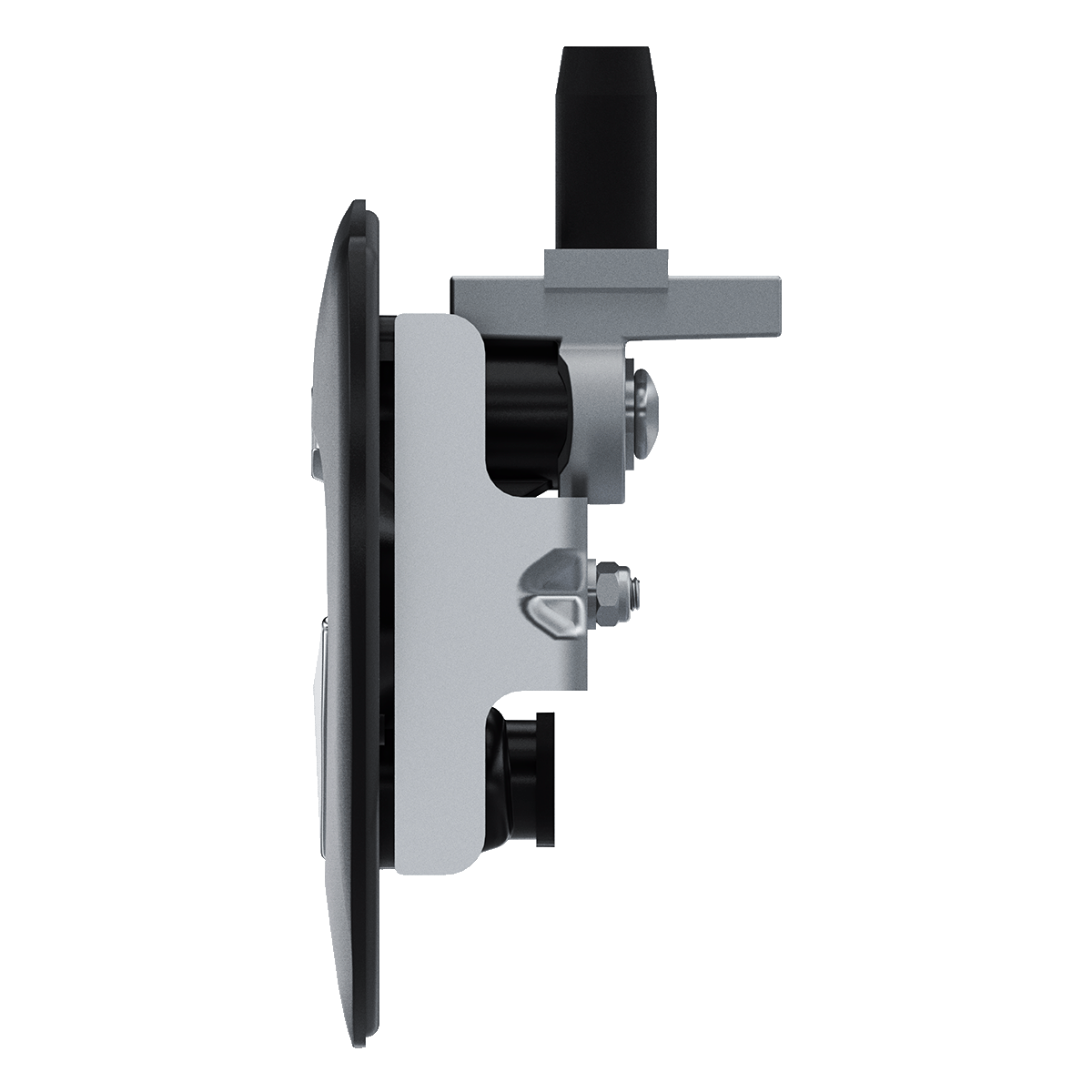 Side view of a metal and black plastic industrial latch mechanism.