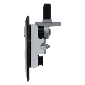 Side view of a metal and black plastic industrial latch mechanism.