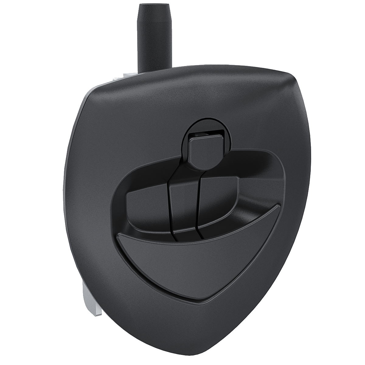 Black flush mount latch with a pull handle and locking mechanism.