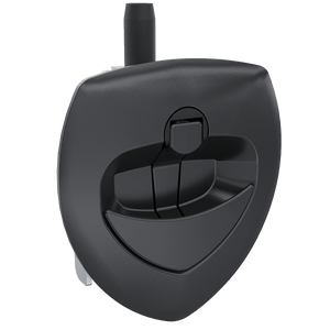 Black flush mount latch with a pull handle and locking mechanism.