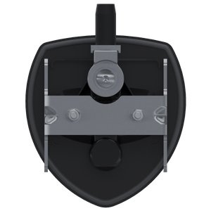 Southco N5-A0110A-A1 key-locking lift and turn compression latch with black plastic cup and chrome plated folding T-handle, back view