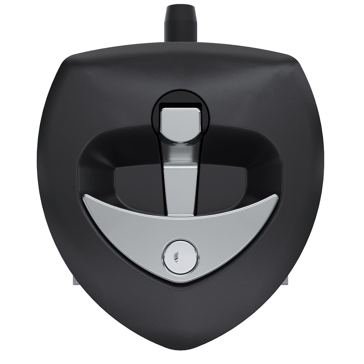 Southco N5-A0110A-A1 key-locking lift and turn compression latch with black plastic cup and chrome plated folding T-handle, front view