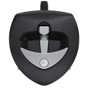 Southco N5-A0110A-A1 key-locking lift and turn compression latch with black plastic cup and chrome plated folding T-handle, front view