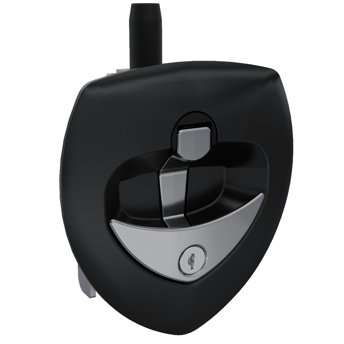 Black flush mount latch with silver handle and key lock in isometric view
