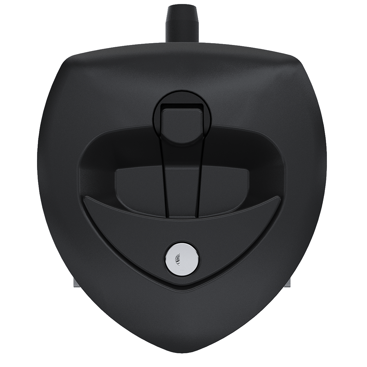 Southco N5-A0110A-A5 key-locking lift and turn compression latch with black plastic cup and black folding T-handle, front view
