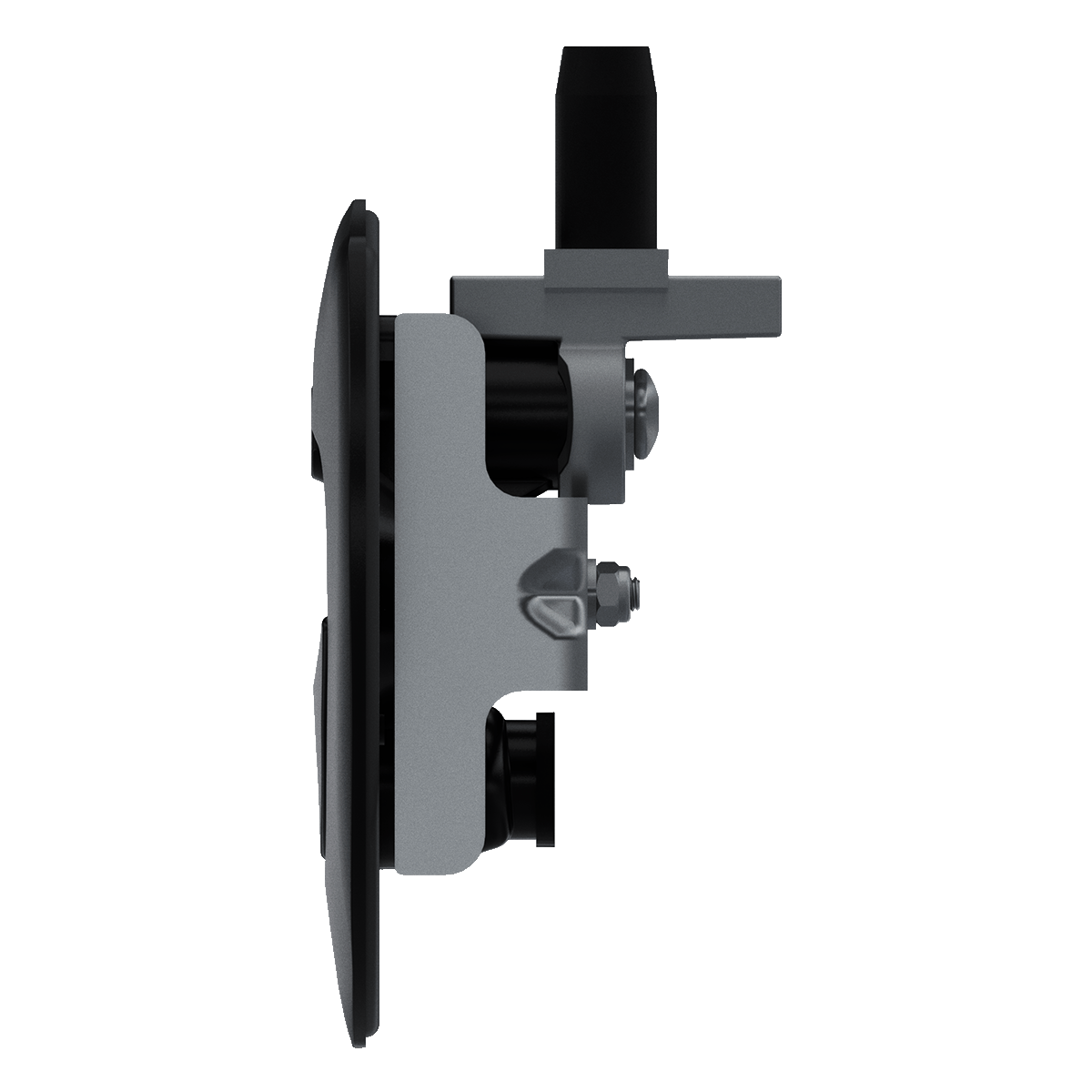 Southco N5-A0110A-A5 key-locking lift and turn compression latch with black plastic cup and black folding T-handle, side view