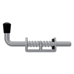 Aluminum base Spring Bolt with stainless steel rod. Shown in front perspective with rod in closed position.