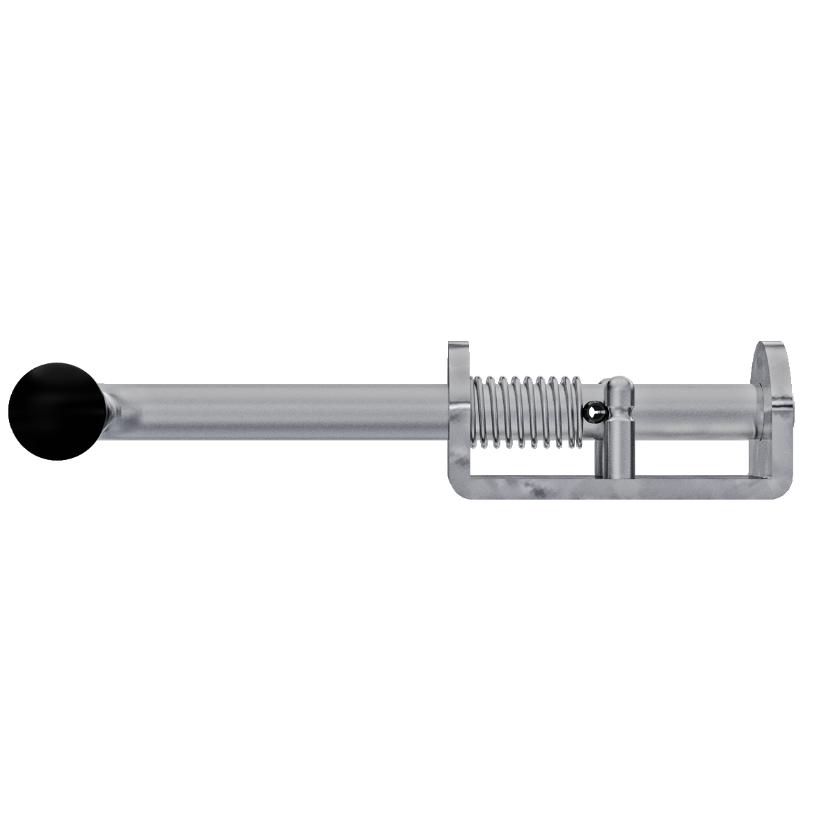 Aluminum base Spring Bolt with stainless steel rod. Shown in front perspective with rod in open position.
