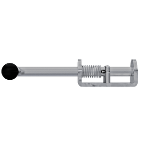 Aluminum base Spring Bolt with stainless steel rod. Shown in front perspective with rod in open position.