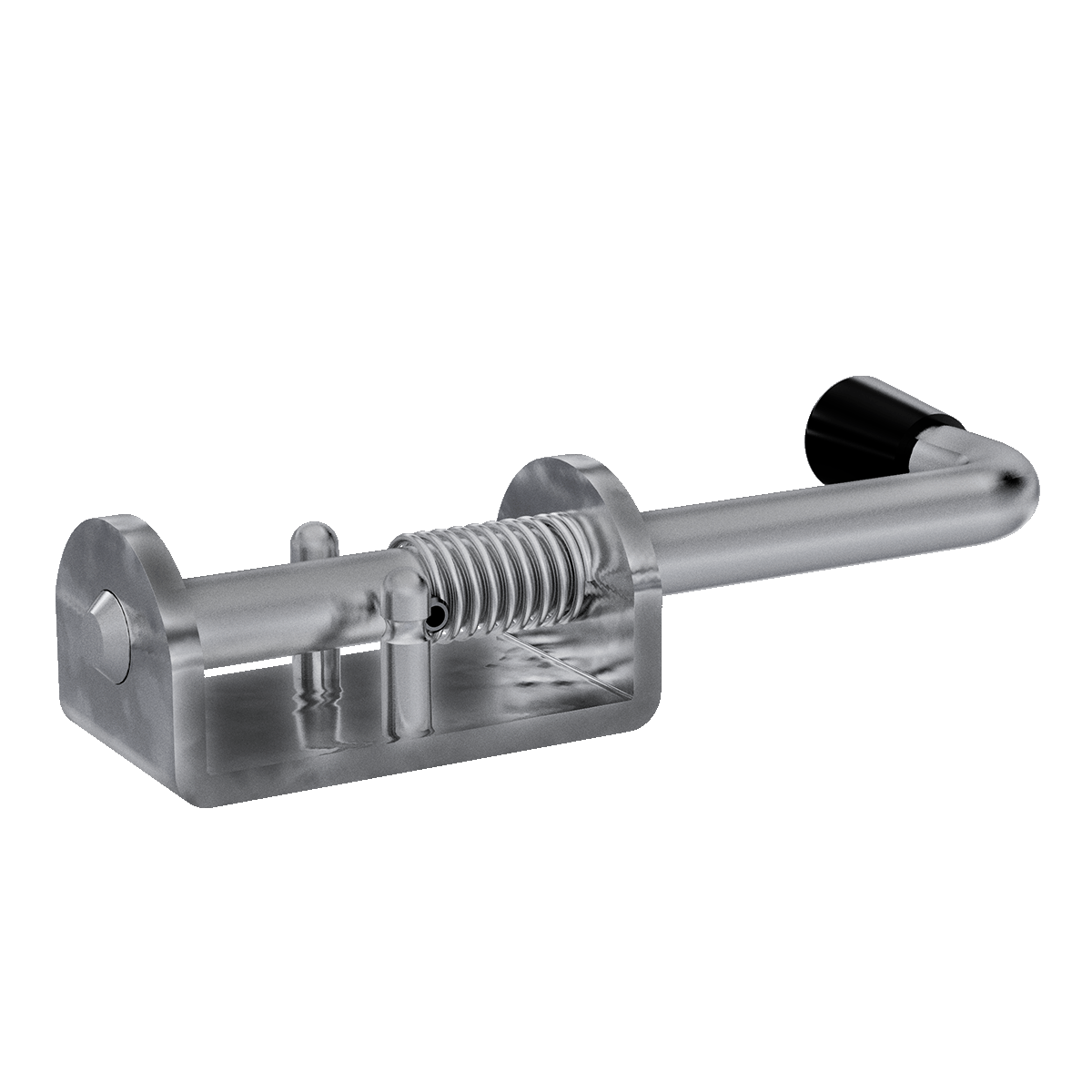 Aluminum base Spring Bolt with stainless steel rod. Shown in right perspective with rod in open position.