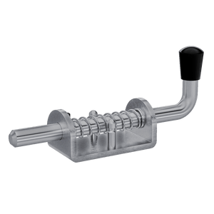 Aluminum base Spring Bolt with a stainless steel rod. Shown in right perspective with rod in closed position.