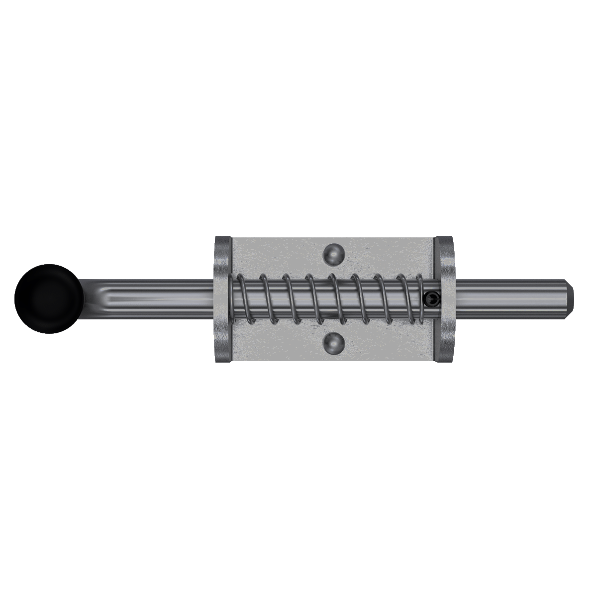 Aluminum base Spring Bolt with a stainless steel rod. Shown from top perspective with rod in closed position.