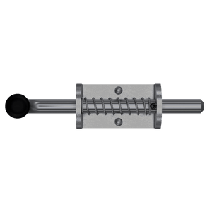 Aluminum base Spring Bolt with a stainless steel rod. Shown from top perspective with rod in closed position.