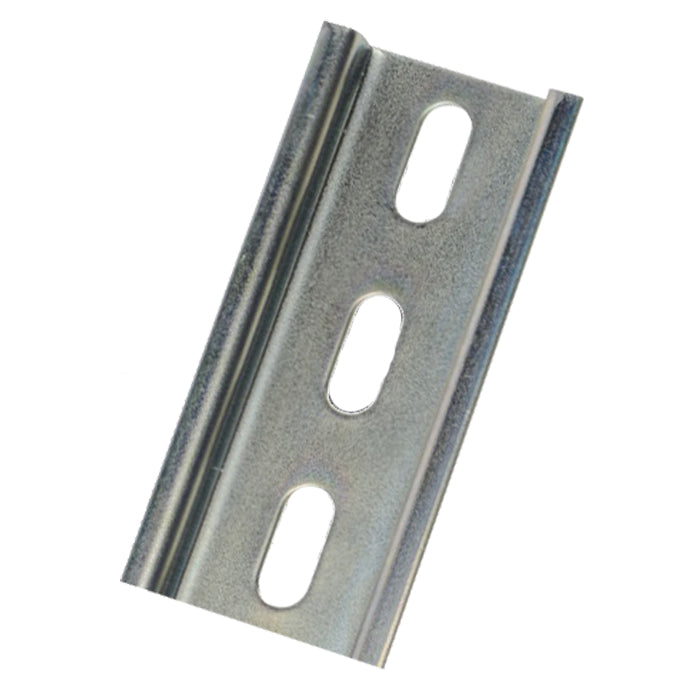 Steel TS-35/F6 DIN rail close-up view showing slotted mounting holes and rail profile