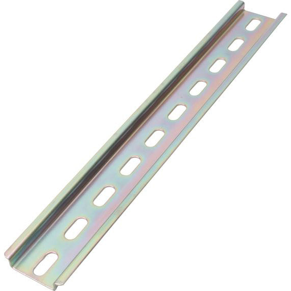 Steel TS-35/F6 DIN rail angled view showing slotted mounting holes and rail profile
