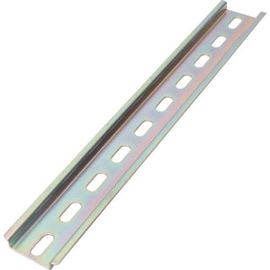 Steel TS-35/F6 DIN rail angled view showing slotted mounting holes and rail profile