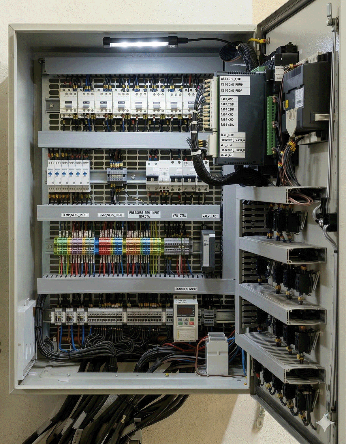 Electrical panel with door open showing wire duct and din rail terminal blocks inside